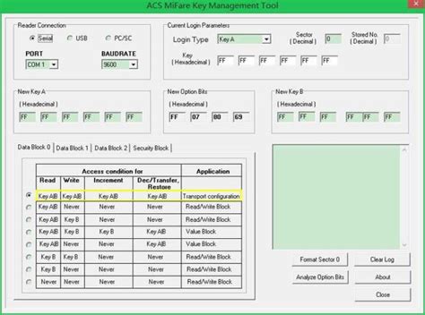 mifare card key a key b|acs MIFARE key management tool.